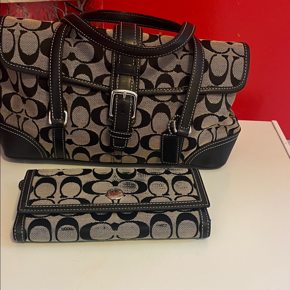 Coach Black and Gray Signature Satchel and Wallet